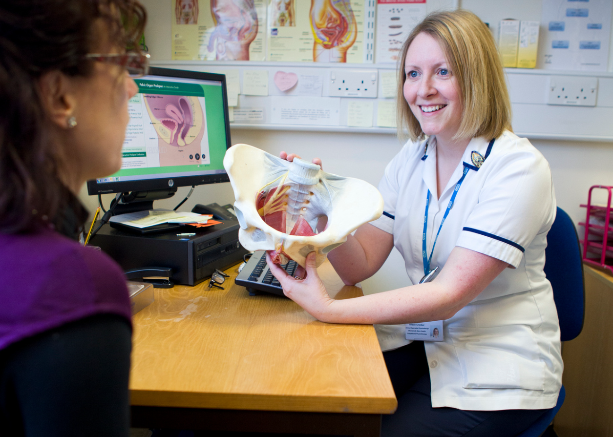 A physiotherapist site at a desk with a computer screen image of a woman's pelvis, she holds a model of a pelvis and explains to a female patient about the pelvic floor. 