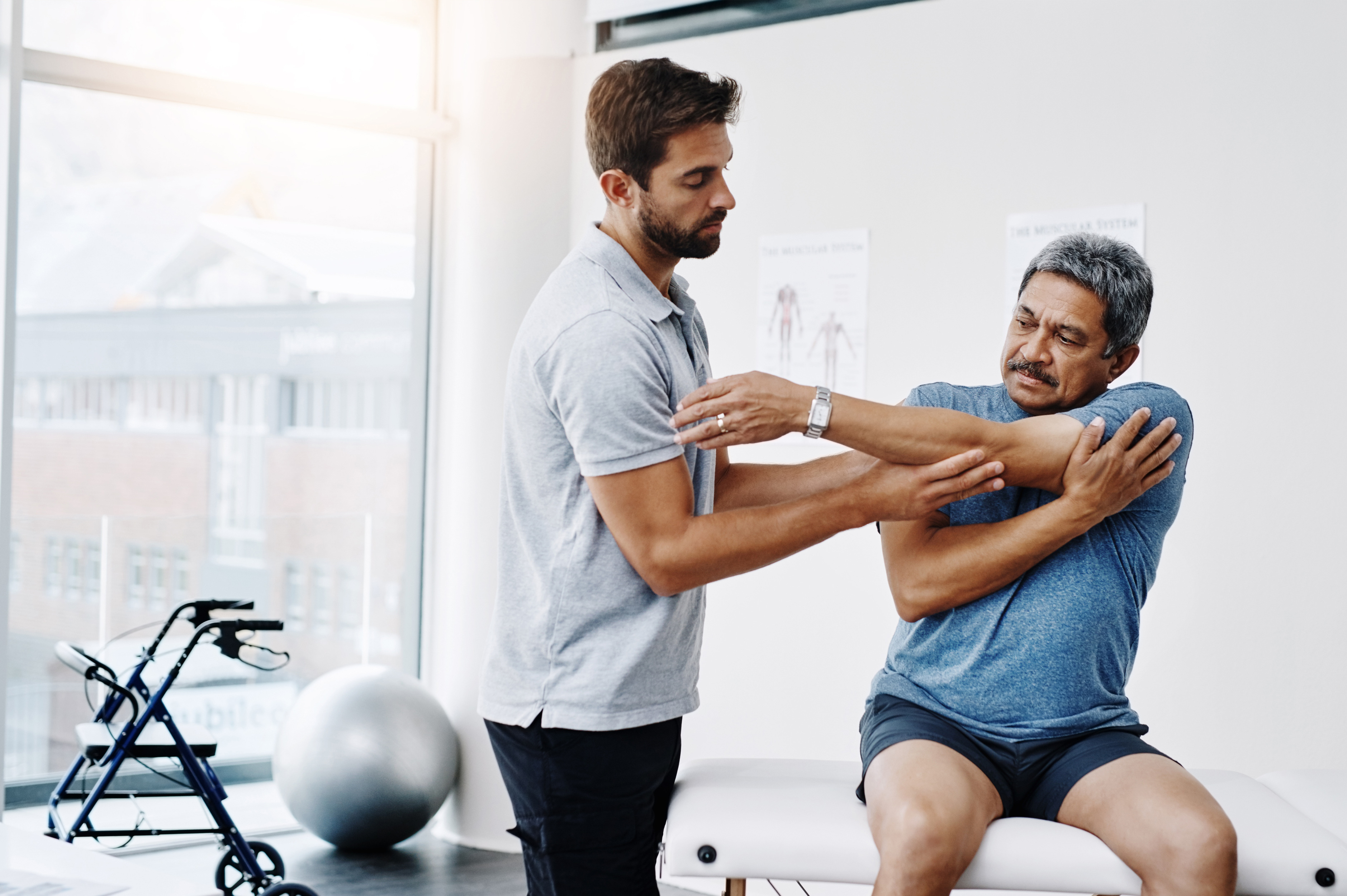 Healthcare Stretching Mature Man Clinic Helping Physiotherapist Exercise Fitness Hospital Workout Physiotherapy Patient Rehabilitation Concentration Person